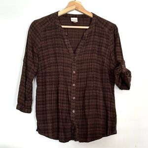 SONOMA LIFE + STYLE Brown-Black Plaid 3/4 Sleeve Button Down Shirt